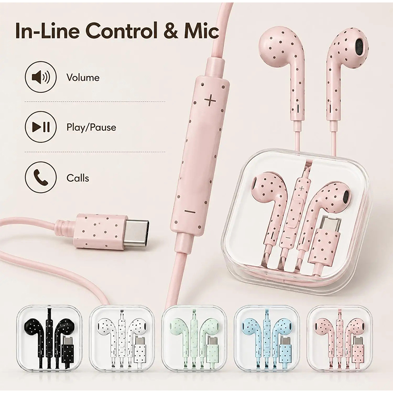 Wired Earphone Mic - หูฟัง Type C ลายจุดและลายดาว หูฟังแบบมีสายพร้อมไมโครโฟนและปุ่มควบคุมระดับเสียง หูฟัง
