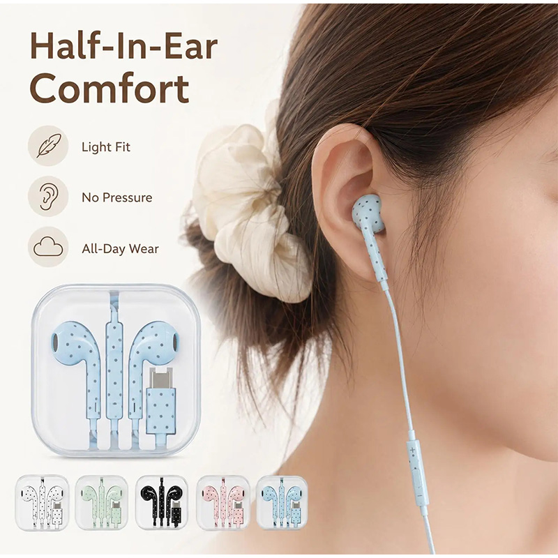 หูฟัง Type C ลายจุดและลายดาว ห - Wired Earphone Mic บทวิจารณ์และราคา